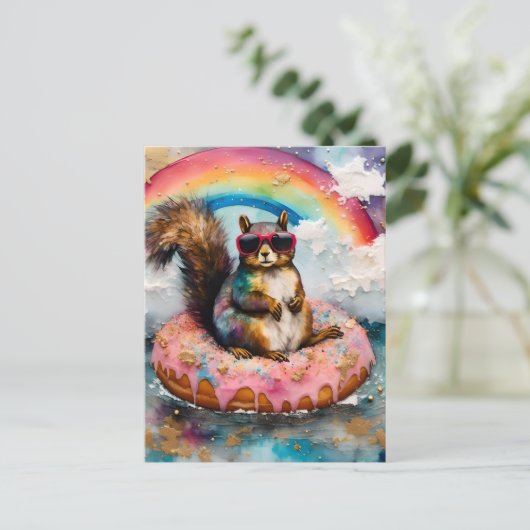 Eichhörnchen auf dem Floating Glazed Donut Funny V Postkarte (Stehend Vorderseite)