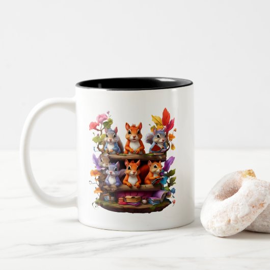 Eichhörnchen auf einem Holzbrett Zweifarbige Tasse (Mit Donut)
