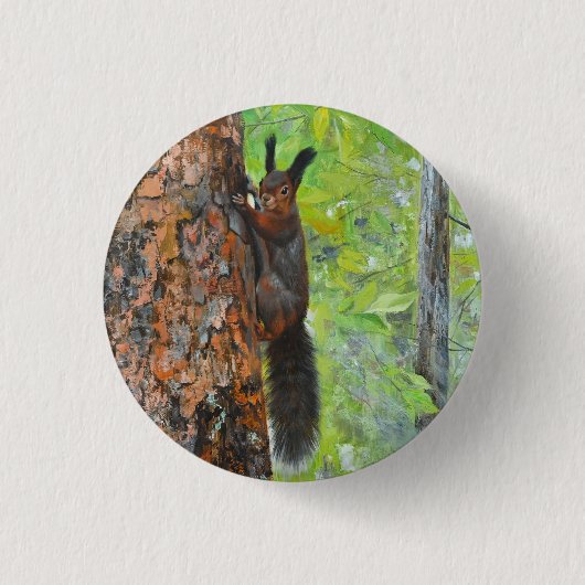 Eichhörnchen auf Kiefer – realistische Ölgemälde Button (Vorderseite)