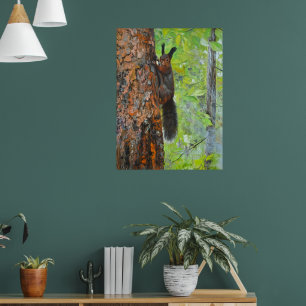 Eichhörnchen auf Kiefer – realistische Ölgemälde Poster