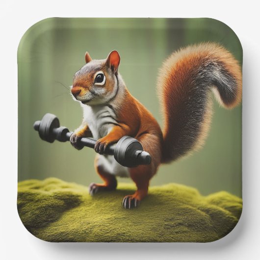 Eichhörnchen Gewichte heben Pappteller (Vorderseite)