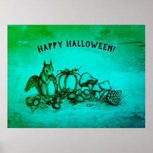 Eichhörnchen im Herbst, glückliches Halloween! Poster