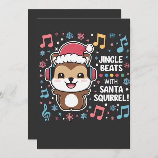 Eichhörnchen in Kopfhörern und Weihnachtsmannmütze Save The Date (Vorne/Hinten)