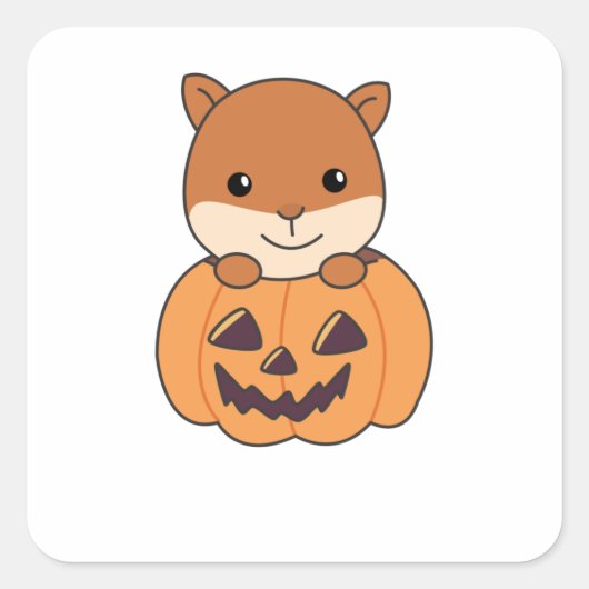 Eichhörnchen in Pumpkin Sweet Animals Happy Hallow Quadratischer Aufkleber (Vorderseite)