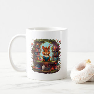 Eichhörnchen liest auf einem antiken Bücherregal Kaffeetasse