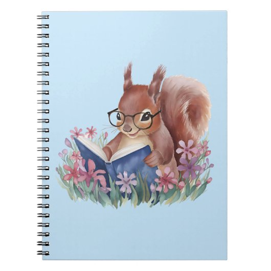 Eichhörnchen liest ein Buch, gebettet in Blumen Notizblock (Vorderseite)