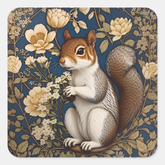 Eichhörnchen mit Acacia-Blume William Morris Quadratischer Aufkleber (Vorderseite)