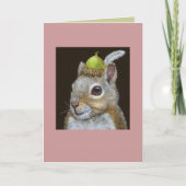 Eichhörnchen mit Eichel und Federhut auf Karte (Vorderseite)