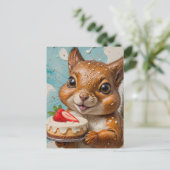 Eichhörnchen mit Erdbeerkuchen Postkarte (Stehend Vorderseite)