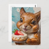 Eichhörnchen mit Erdbeerkuchen Postkarte (Vorne/Hinten)