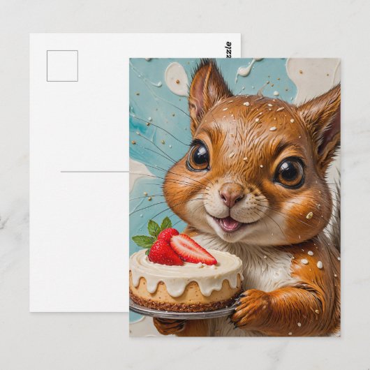 Eichhörnchen mit Erdbeerkuchen Postkarte (Vorne/Hinten)