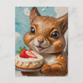 Eichhörnchen mit Erdbeerkuchen Postkarte (Vorderseite)