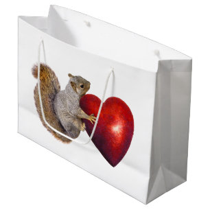 Eichhörnchen mit großer roter Herz-Geschenk-Tasc Große Geschenktüte