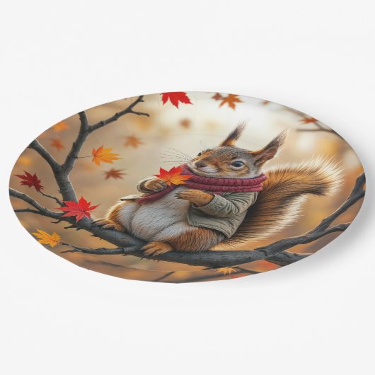 Eichhörnchen mit Herbstleder Pappteller (Schrägansicht)