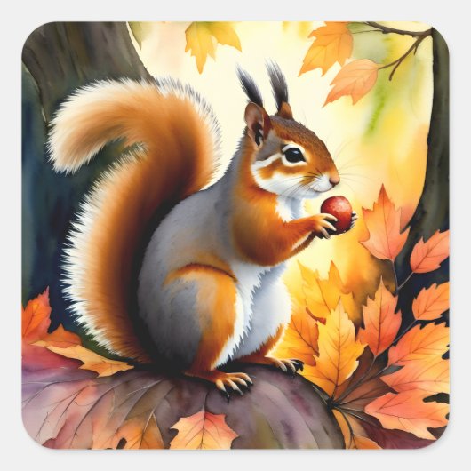 Eichhörnchen mit Nut Autumn Portrait Quadratischer Aufkleber (Vorderseite)