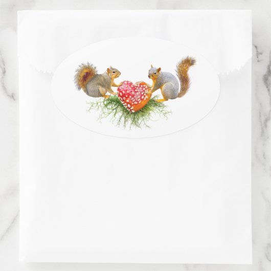 Eichhörnchen mit Pilzherzen Ovaler Aufkleber (Tasche)