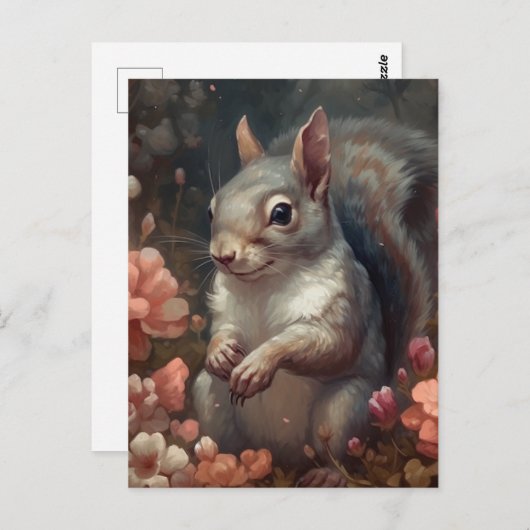 Eichhörnchen mit rosa Blume Postkarte (Vorne/Hinten)