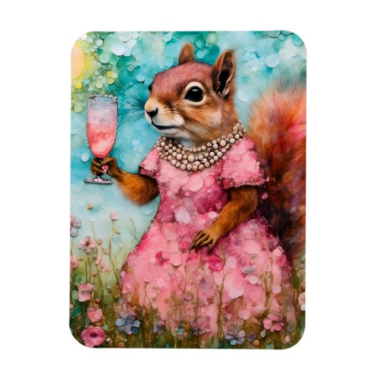Eichhörnchen mit rosa Kleid und Drink Magnet (Vertikal)
