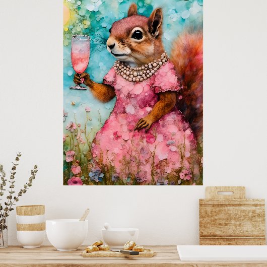 Eichhörnchen mit rosa Kleid und Drink Poster (Küche)