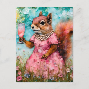 Eichhörnchen mit rosa Kleid und Drink Postkarte