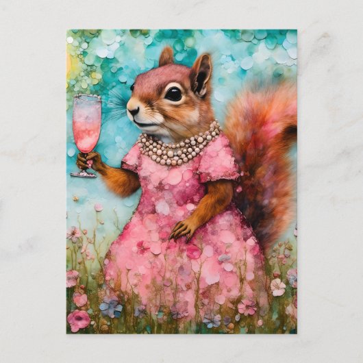 Eichhörnchen mit rosa Kleid und Drink Postkarte (Vorderseite)