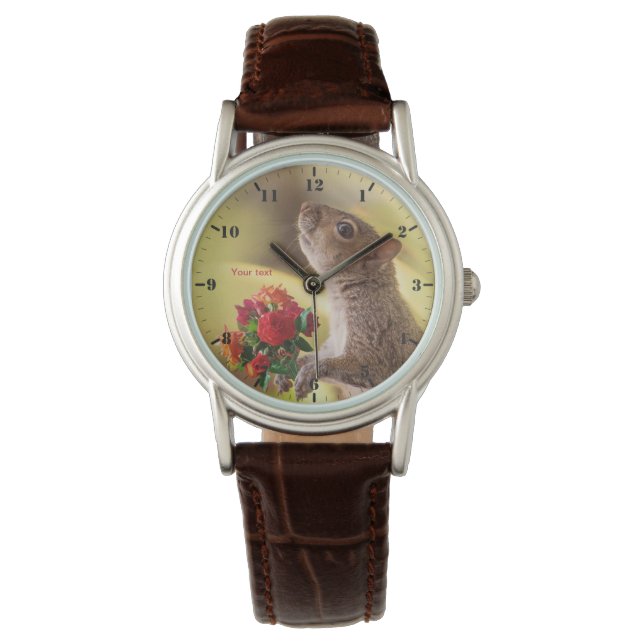 Eichhörnchen mit Rose für Sie personalisieren Armbanduhr (Vorderseite)