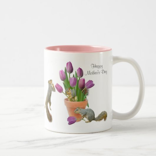 Eichhörnchen mit Tasse der Tulpe-der glücklichen (Rechts)
