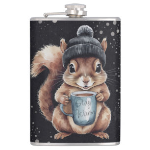 Eichhörnchen mit Tasse und Schnee „Stay Warm“ Flachmann