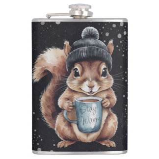 Eichhörnchen mit Tasse und Schnee „Stay Warm“ Flachmann