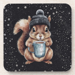 Eichhörnchen mit Tasse und Schnee „Stay Warm“ Getränkeuntersetzer