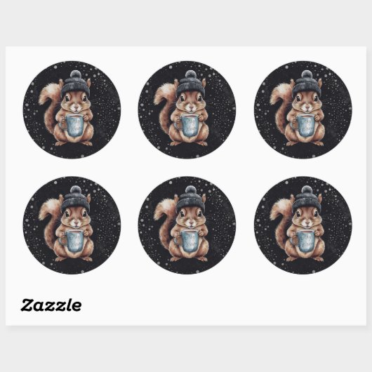 Eichhörnchen mit Tasse und Schnee „Stay Warm“ Runder Aufkleber (Blatt)