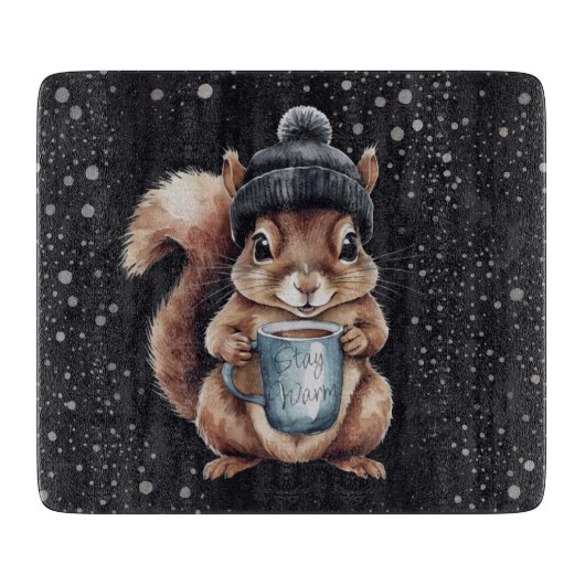 Eichhörnchen mit Tasse und Schnee „Stay Warm“ Schneidebrett (Vorderseite)