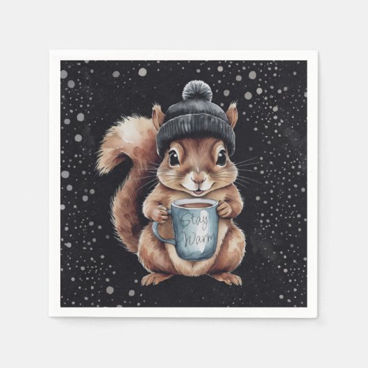 Eichhörnchen mit Tasse und Schnee „Stay Warm“ Serviette (Vorderseite)