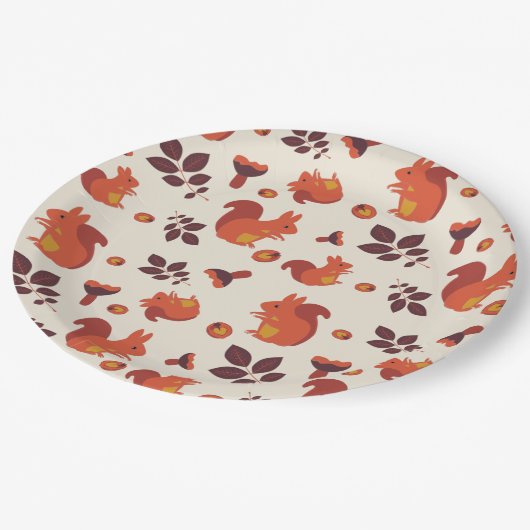 Eichhörnchen, Pilz, Blatt, Walnuss Pappteller (Schrägansicht)