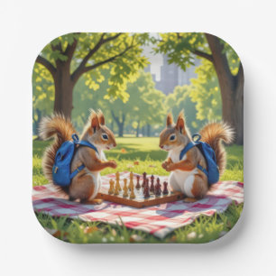 Eichhörnchen spielen Schach in einem Stadtpark Pappteller