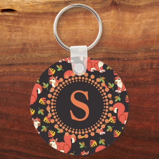 Eichhörnchen und Autumn Leaf Muster Monogram Schlüsselanhänger (Rückseite)