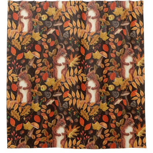 Eichhörnchen und Flora in dunkelbraun Duschvorhang (Vorderseite)