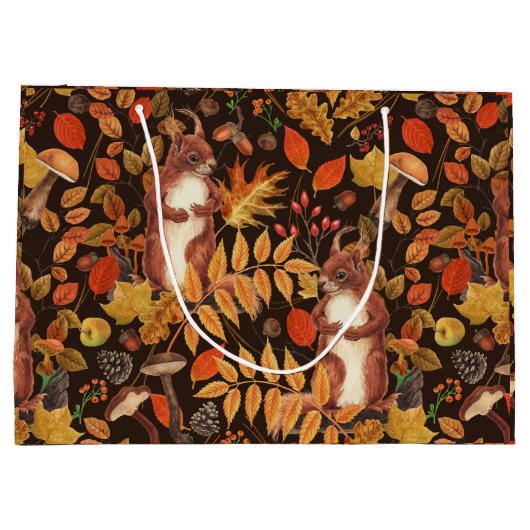 Eichhörnchen und Flora in dunkelbraun Große Geschenktüte (Rückseite)
