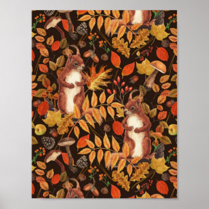 Eichhörnchen und Flora in dunkelbraun Poster
