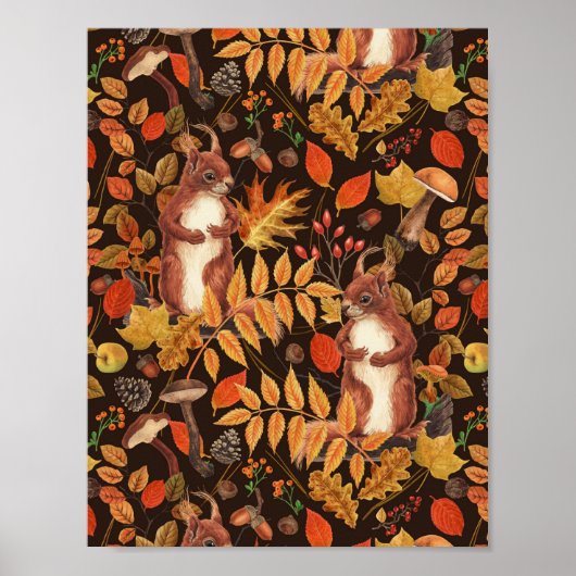 Eichhörnchen und Flora in dunkelbraun Poster (Vorne)