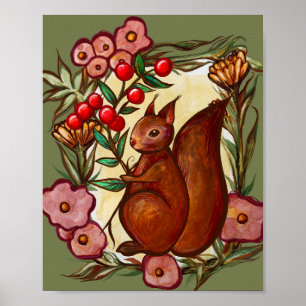 Eichhörnchen und Holly Winter Rote Eichhörnchen Poster