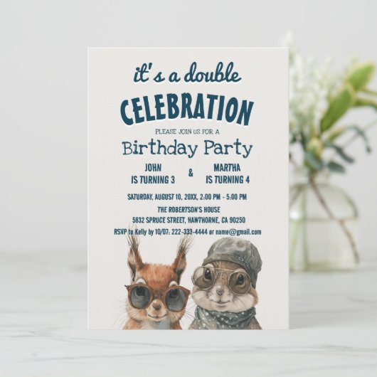 Eichhörnchen und Kaninchen Kinder Doppel Geburtsta Einladung (Stehend Vorderseite)