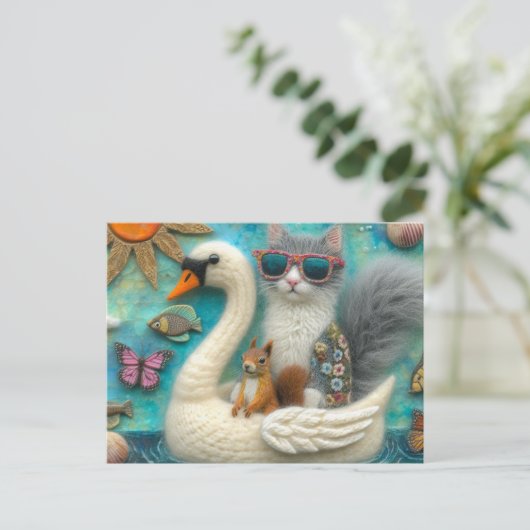 Eichhörnchen und Katze auf Floating Woolen Swan Fu Postkarte (Stehend Vorderseite)