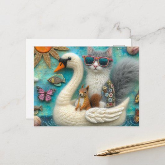 Eichhörnchen und Katze auf Floating Woolen Swan Fu Postkarte (Vorderseite/Rückseite Beispiel)