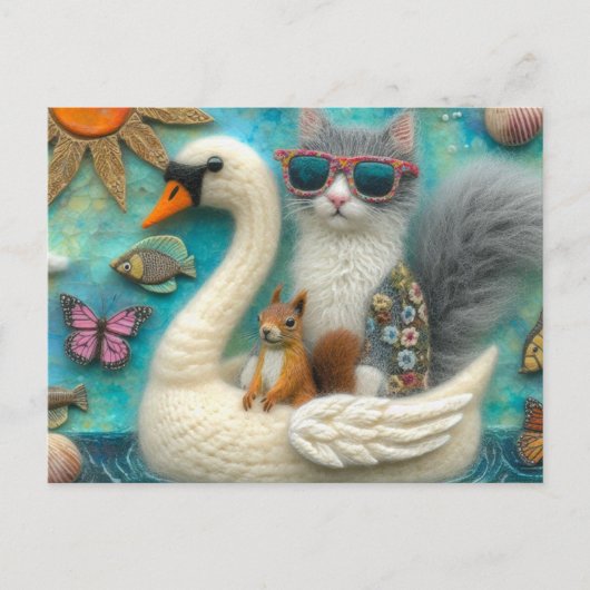 Eichhörnchen und Katze auf Floating Woolen Swan Fu Postkarte (Vorderseite)