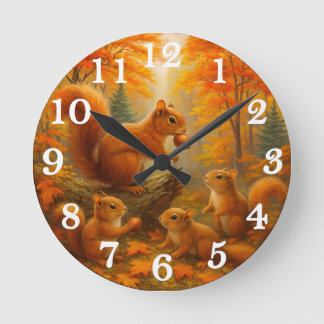 Eichhörnchen Und Kind Rustikale Herbstwalduhr Runde Wanduhr