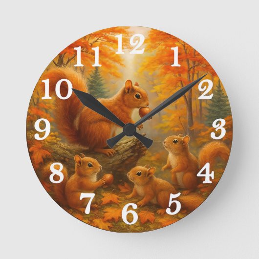 Eichhörnchen Und Kind Rustikale Herbstwalduhr Runde Wanduhr (Vorderseite)
