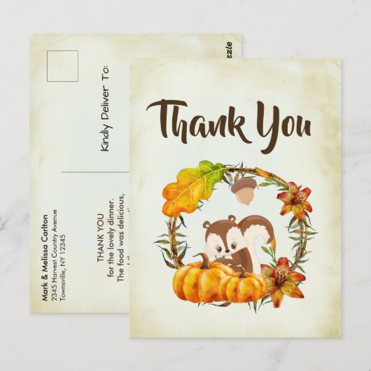 Eichhörnchen und Pumpkins fallen Rustikal Danke Postkarte (Vorne/Hinten)