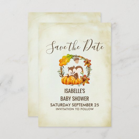 Eichhörnchen und Pumpkins Rustic Wreath STD Save The Date (Vorne/Hinten)