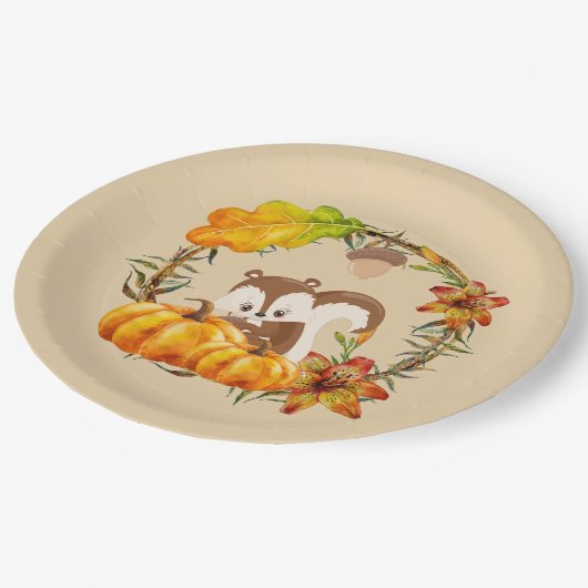 Eichhörnchen und Pumpkins Rustikaler Kranz Pappteller (Schrägansicht)